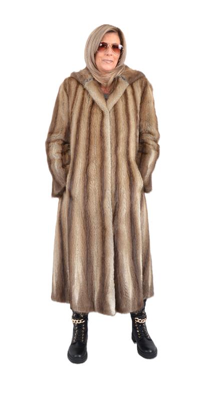 US5728 REAL MUSKRAT FUR COAT HOODED RANCH MUSQUASH COAT SIZE L