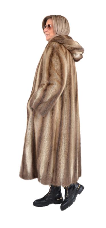US5728 REAL MUSKRAT FUR COAT HOODED RANCH MUSQUASH COAT SIZE L