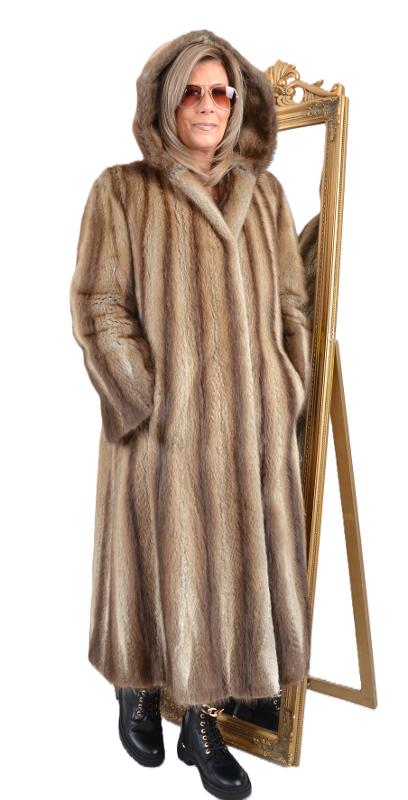 US5728 REAL MUSKRAT FUR COAT HOODED RANCH MUSQUASH COAT SIZE L